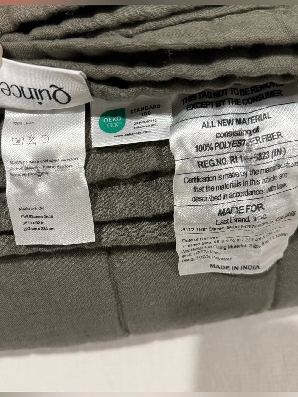 Brand New Quince European Linen Box Full/Queen MSRP $164 Dusty Olive